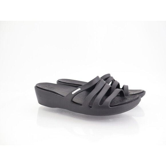 Crocs Women's Rhonda Sandal Size 11 Wedge Slide Flip Flop Black Rubber Beach - Picture 1 of 11